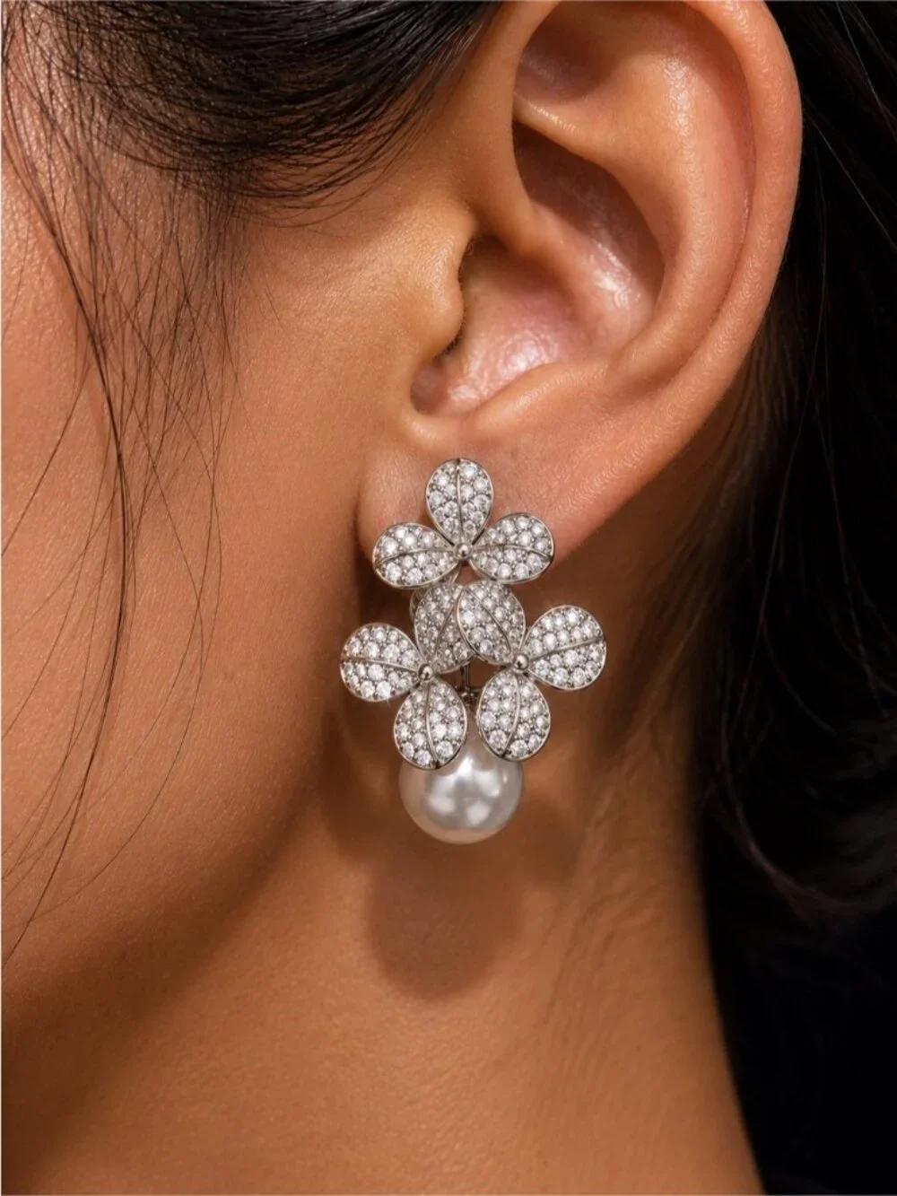 Pearl Drop Floral Crystal Stud Earrings - Women Jewelry